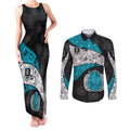 Personalized Power Football Couples Matching Tank Maxi Dress and Long Sleeve Button Shirt Easter Egg Pattern Teal Monochrome Tribal Dot Style
