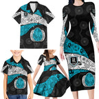 Personalized Power Football Family Matching Long Sleeve Bodycon Dress and Hawaiian Shirt Easter Egg Pattern Teal Monochrome Tribal Dot Style