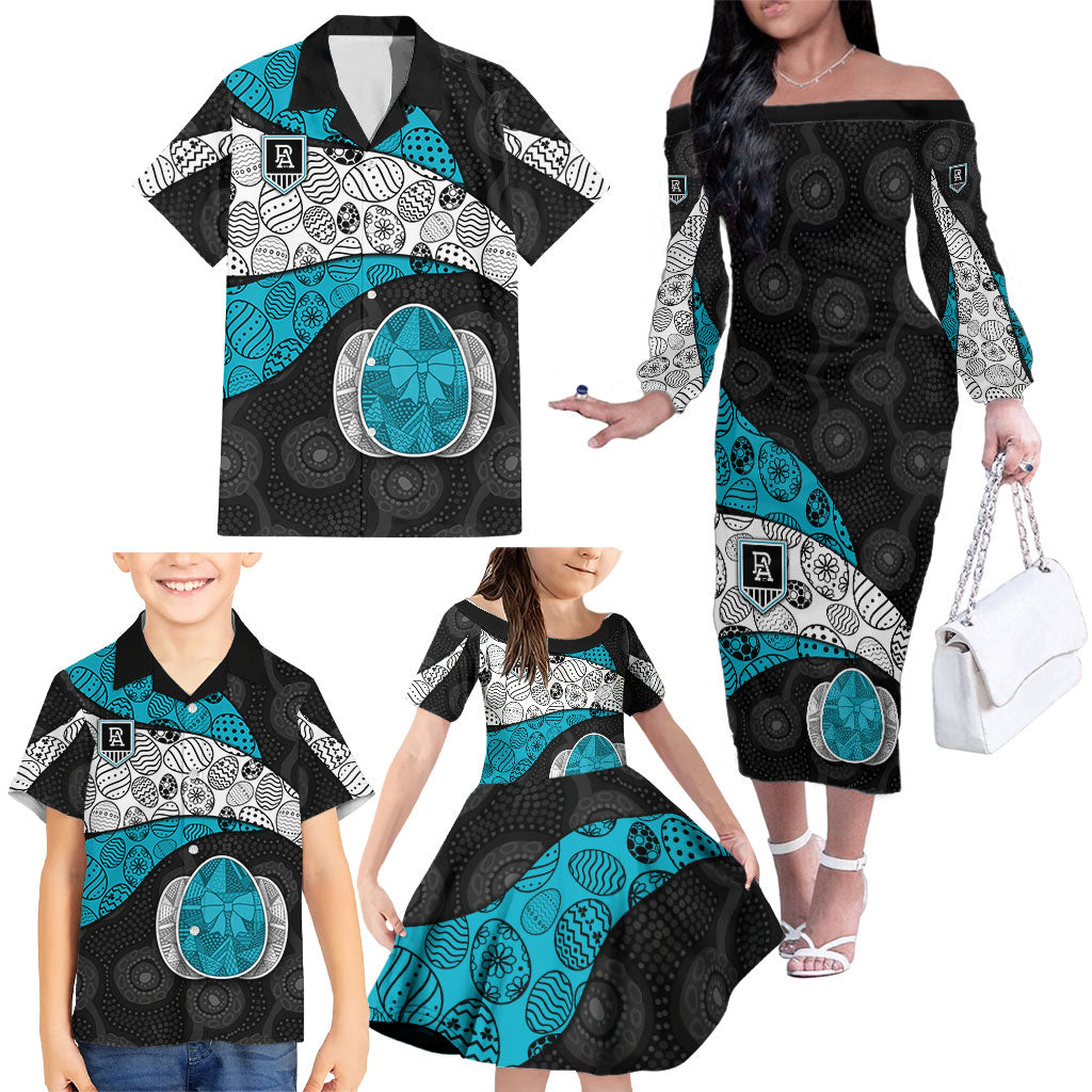 Personalized Power Football Family Matching Off The Shoulder Long Sleeve Dress and Hawaiian Shirt Easter Egg Pattern Teal Monochrome Tribal Dot Style