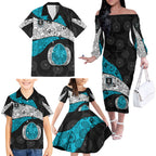 Personalized Power Football Family Matching Off The Shoulder Long Sleeve Dress and Hawaiian Shirt Easter Egg Pattern Teal Monochrome Tribal Dot Style
