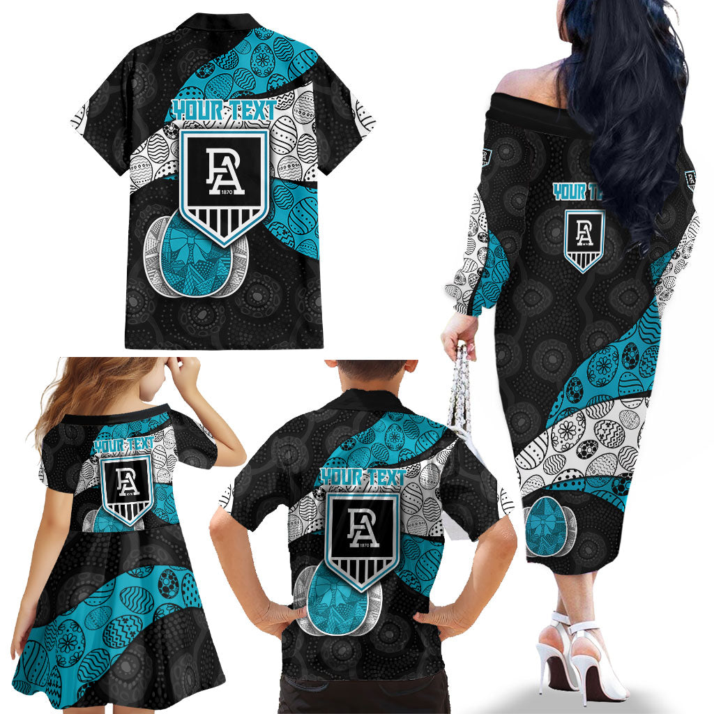 Personalized Power Football Family Matching Off The Shoulder Long Sleeve Dress and Hawaiian Shirt Easter Egg Pattern Teal Monochrome Tribal Dot Style