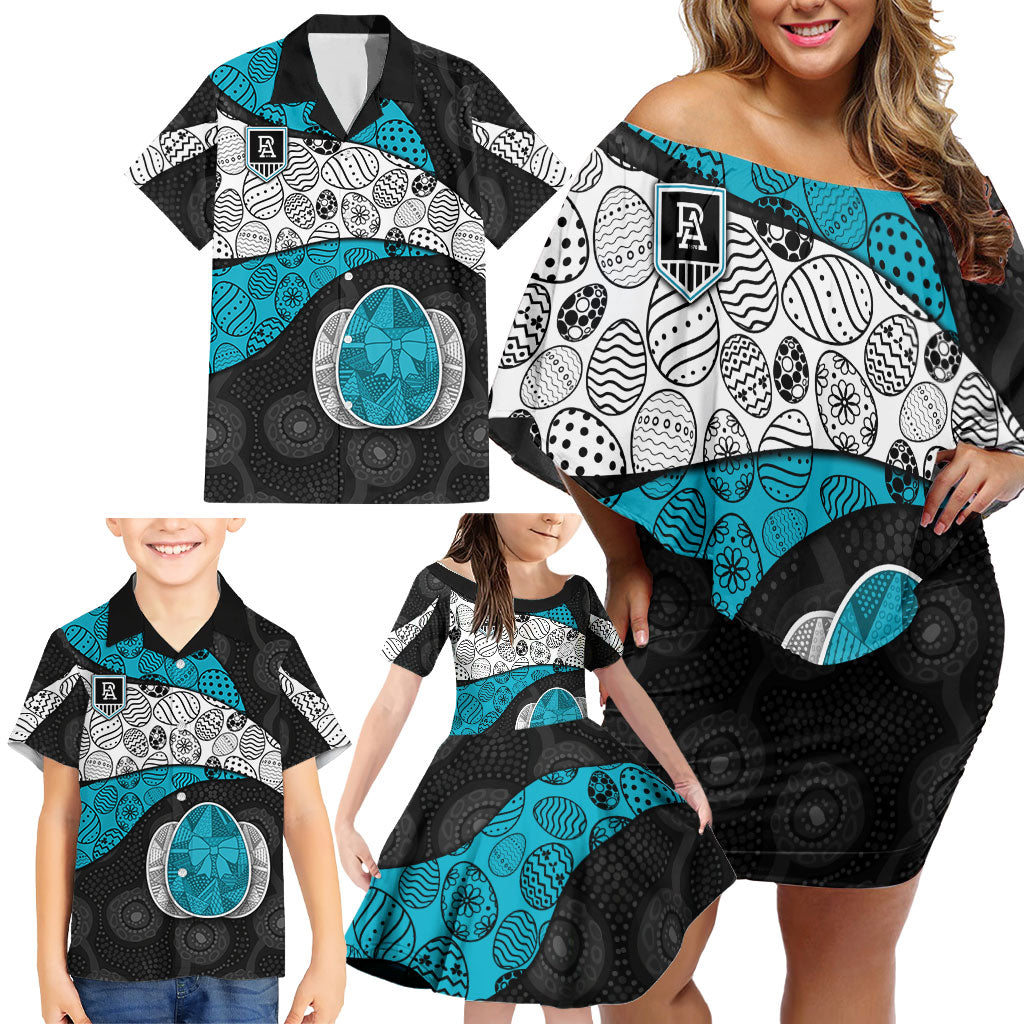 Personalized Power Football Family Matching Off Shoulder Short Dress and Hawaiian Shirt Easter Egg Pattern Teal Monochrome Tribal Dot Style
