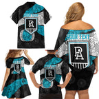 Personalized Power Football Family Matching Off Shoulder Short Dress and Hawaiian Shirt Easter Egg Pattern Teal Monochrome Tribal Dot Style