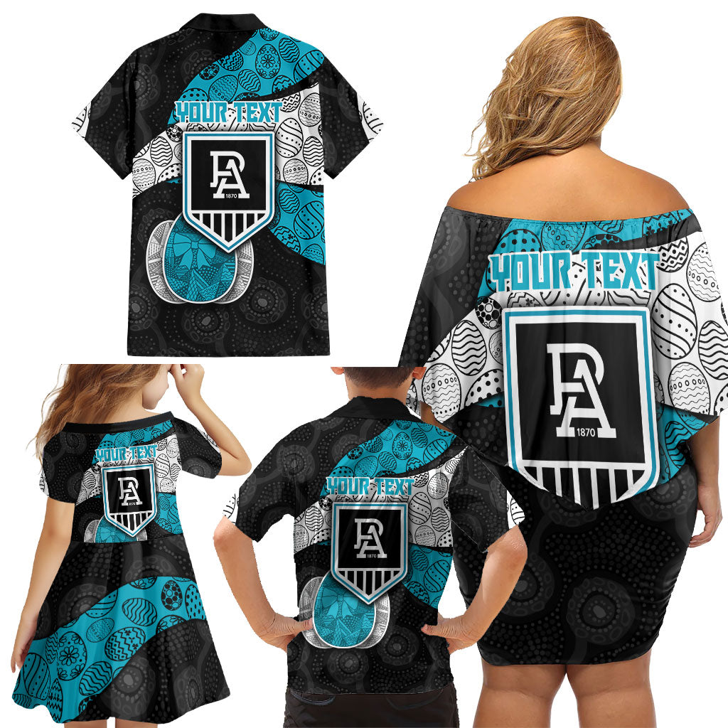 Personalized Power Football Family Matching Off Shoulder Short Dress and Hawaiian Shirt Easter Egg Pattern Teal Monochrome Tribal Dot Style
