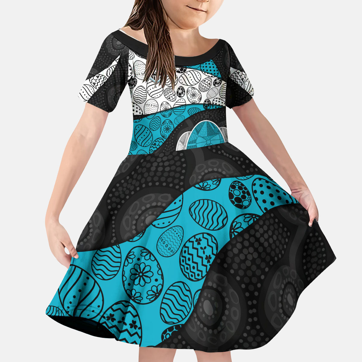 Personalized Power Football Kid Short Sleeve Dress Easter Egg Pattern Teal Monochrome Tribal Dot Style