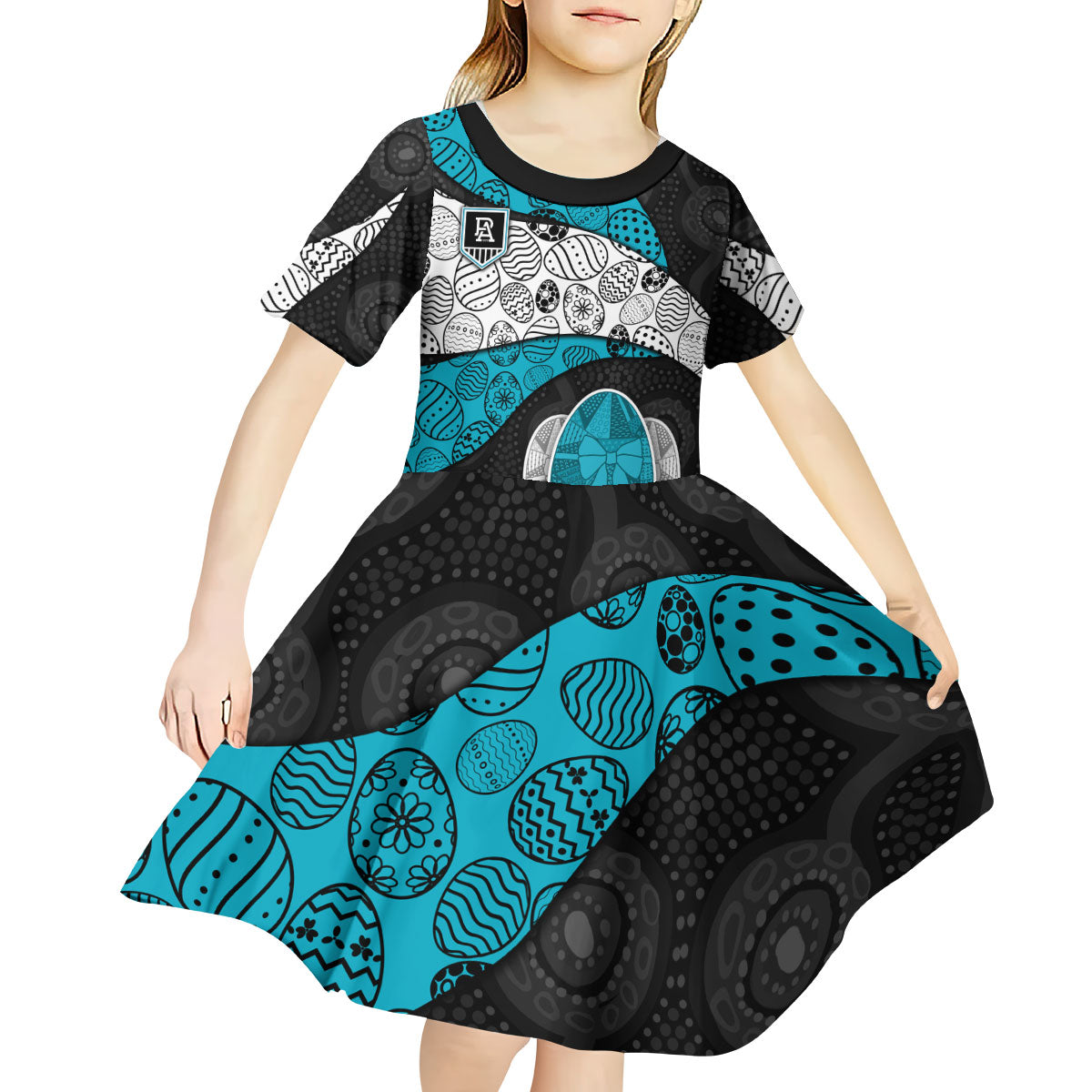 Personalized Power Football Kid Short Sleeve Dress Easter Egg Pattern Teal Monochrome Tribal Dot Style