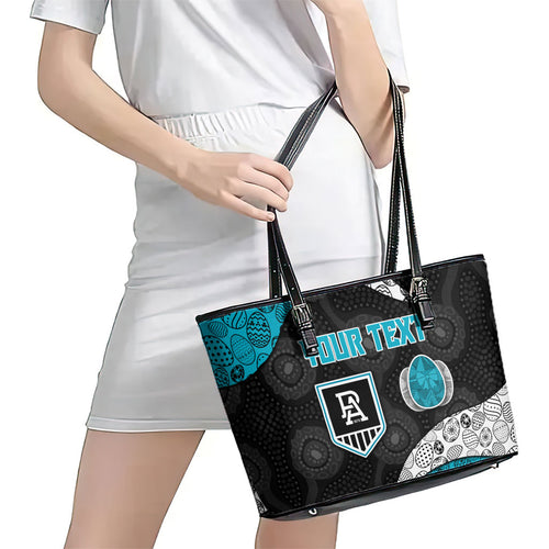 Personalized Power Football Leather Tote Bag Easter Egg Pattern Teal Monochrome Tribal Dot Style