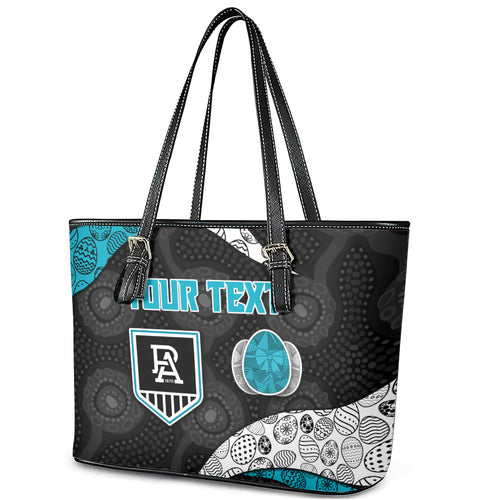 Personalized Power Football Leather Tote Bag Easter Egg Pattern Teal Monochrome Tribal Dot Style