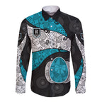 Personalized Power Football Long Sleeve Button Shirt Easter Egg Pattern Teal Monochrome Tribal Dot Style