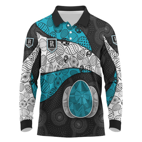 Personalized Power Football Long Sleeve Polo Shirt Easter Egg Pattern Teal Monochrome Tribal Dot Style
