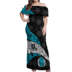 Personalized Power Football Off Shoulder Maxi Dress Easter Egg Pattern Teal Monochrome Tribal Dot Style