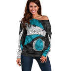 Personalized Power Football Off Shoulder Sweater Easter Egg Pattern Teal Monochrome Tribal Dot Style