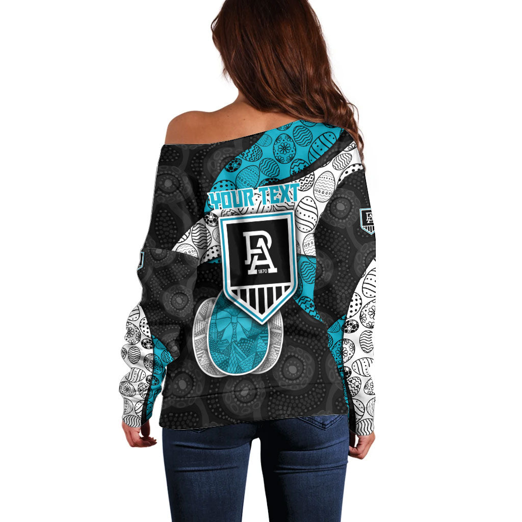 Personalized Power Football Off Shoulder Sweater Easter Egg Pattern Teal Monochrome Tribal Dot Style