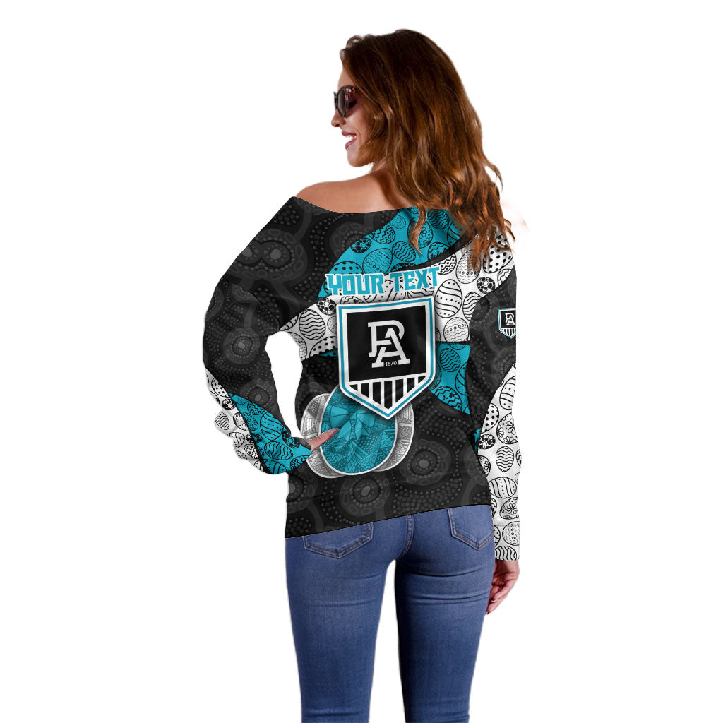 Personalized Power Football Off Shoulder Sweater Easter Egg Pattern Teal Monochrome Tribal Dot Style