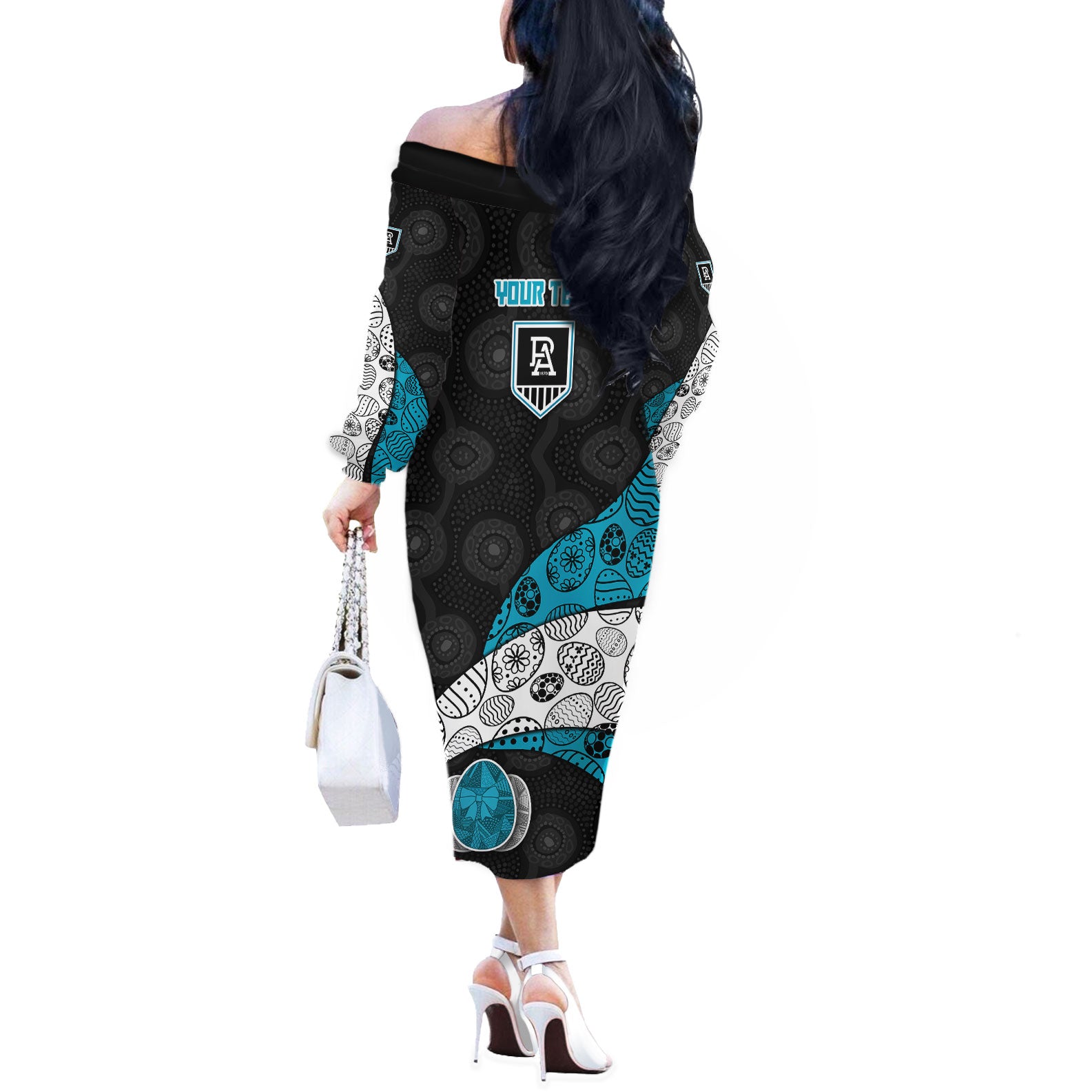 Personalized Power Football Off The Shoulder Long Sleeve Dress Easter Egg Pattern Teal Monochrome Tribal Dot Style