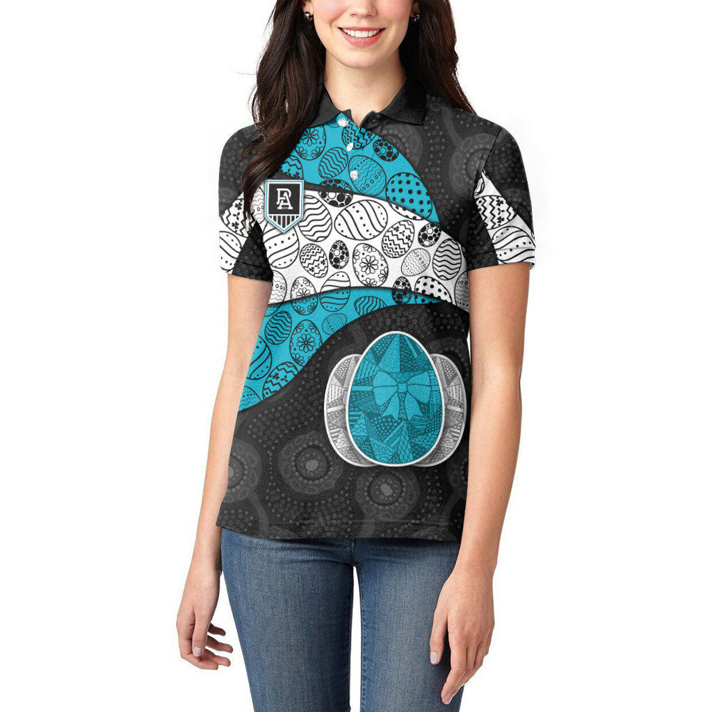 Personalized Power Football Women Polo Shirt Easter Egg Pattern Teal Monochrome Tribal Dot Style