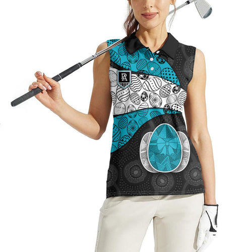 Personalized Power Football Women Sleeveless Polo Shirt Easter Egg Pattern Teal Monochrome Tribal Dot Style