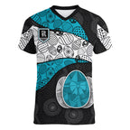 Personalized Power Football Women V-Neck T-Shirt Easter Egg Pattern Teal Monochrome Tribal Dot Style