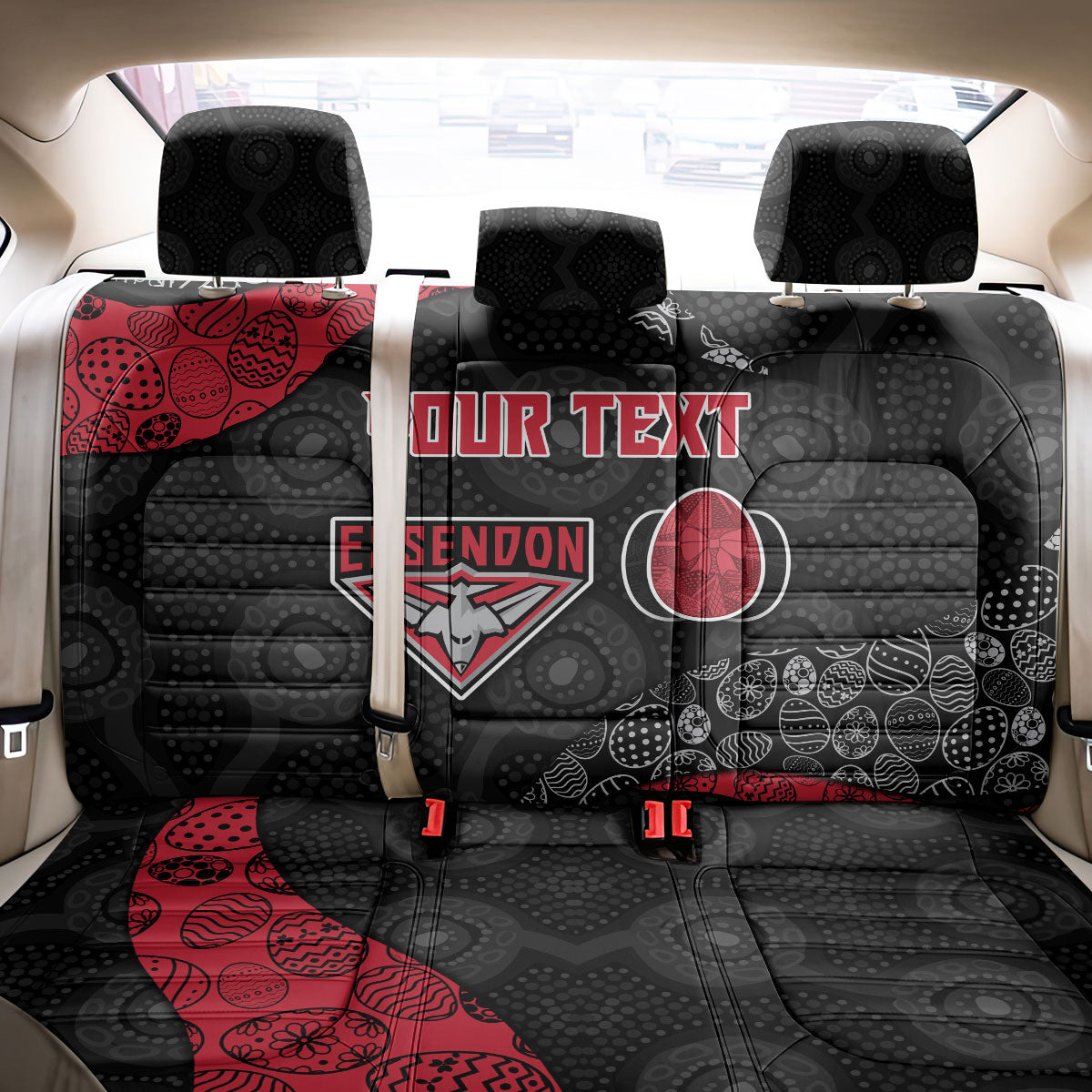 Personalized Essendon Football Back Car Seat Cover Easter Egg Pattern Red Black Tribal Dot Art Style