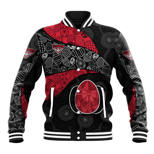 Personalized Essendon Football Baseball Jacket Easter Egg Pattern Red Black Tribal Dot Art Style