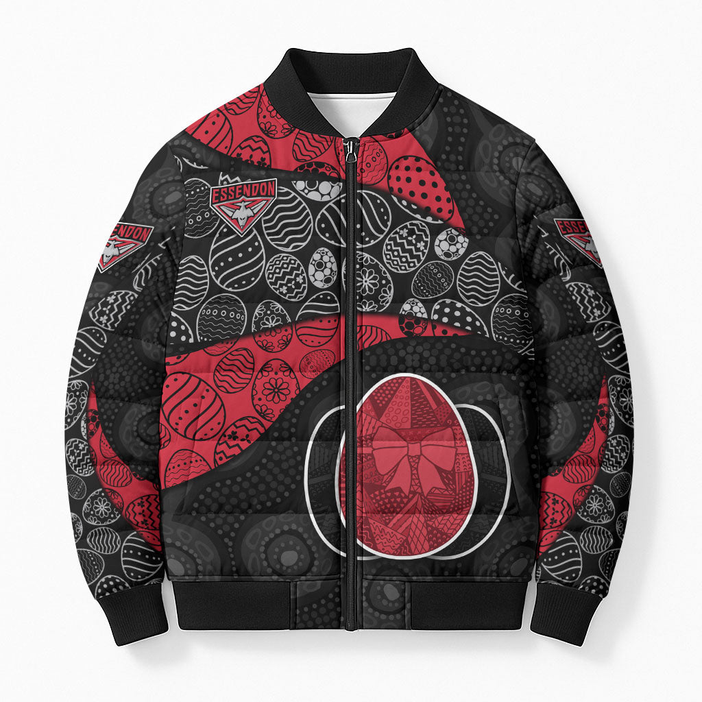 Personalized Essendon Football Bomber Puffer Jacket Easter Egg Pattern Red Black Tribal Dot Art Style