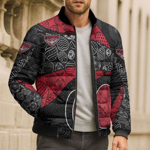 Personalized Essendon Football Bomber Puffer Jacket Easter Egg Pattern Red Black Tribal Dot Art Style