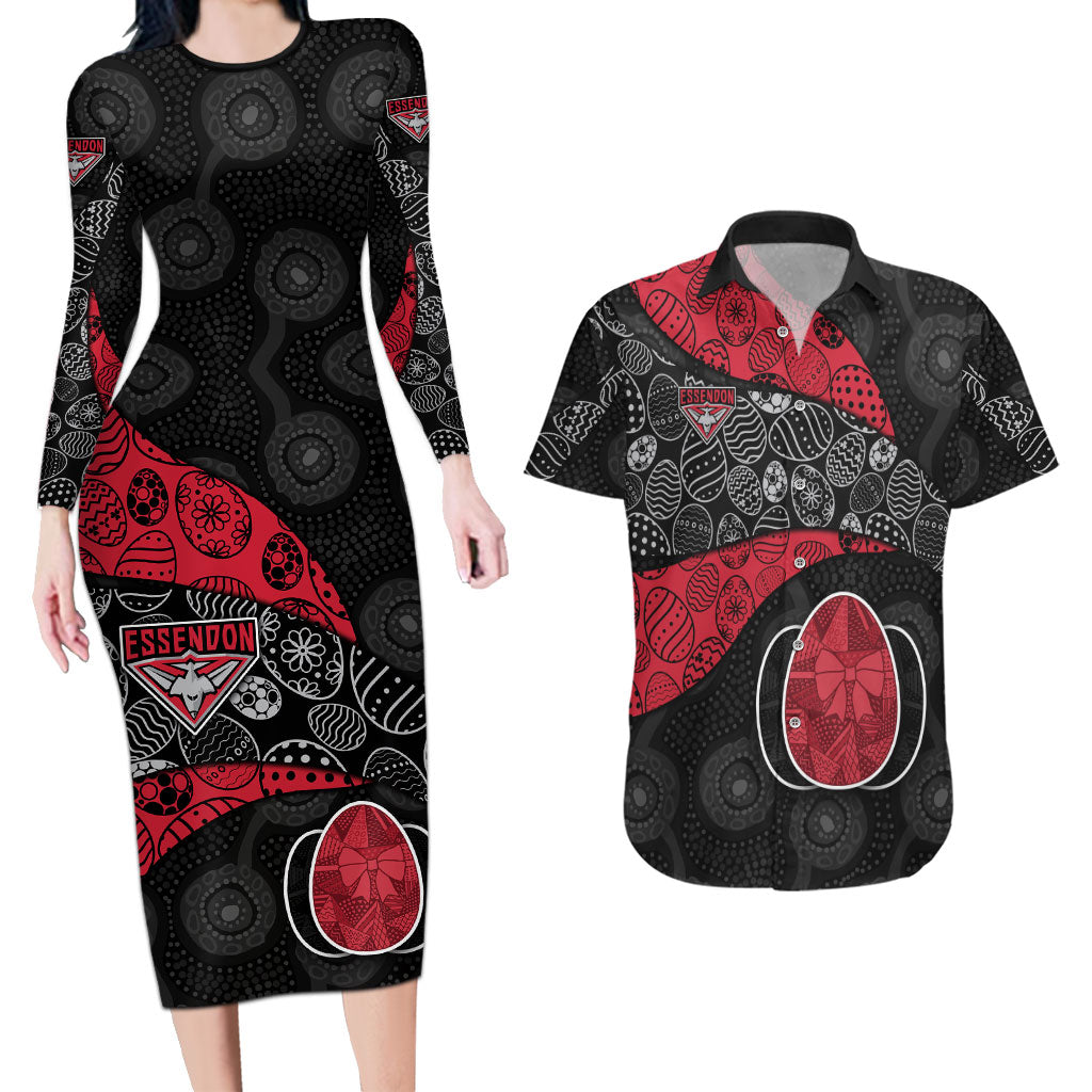 Personalized Essendon Football Couples Matching Long Sleeve Bodycon Dress and Hawaiian Shirt Easter Egg Pattern Red Black Tribal Dot Art Style