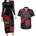 Personalized Essendon Football Couples Matching Long Sleeve Bodycon Dress and Hawaiian Shirt Easter Egg Pattern Red Black Tribal Dot Art Style
