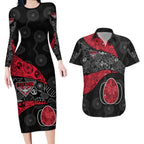Personalized Essendon Football Couples Matching Long Sleeve Bodycon Dress and Hawaiian Shirt Easter Egg Pattern Red Black Tribal Dot Art Style