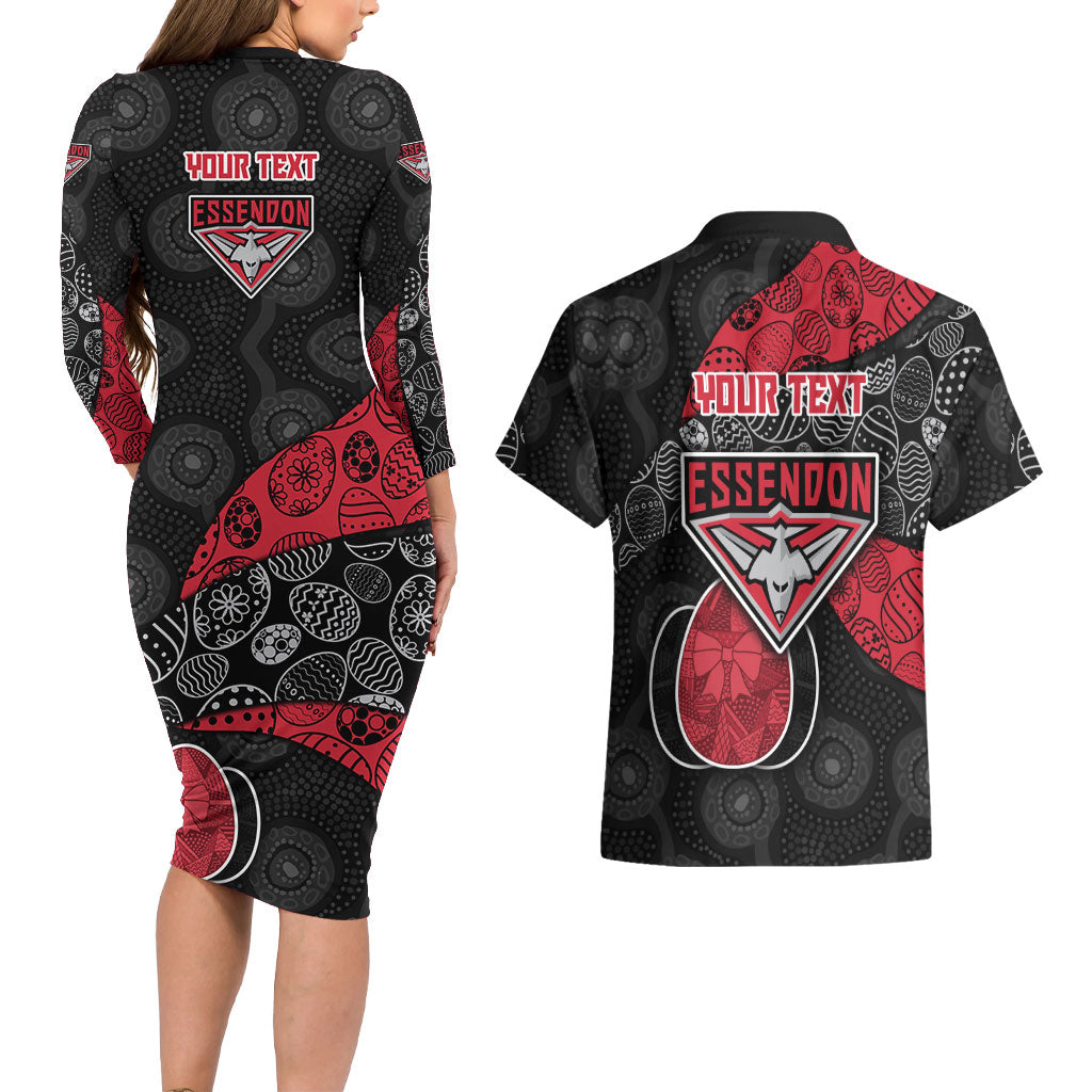 Personalized Essendon Football Couples Matching Long Sleeve Bodycon Dress and Hawaiian Shirt Easter Egg Pattern Red Black Tribal Dot Art Style