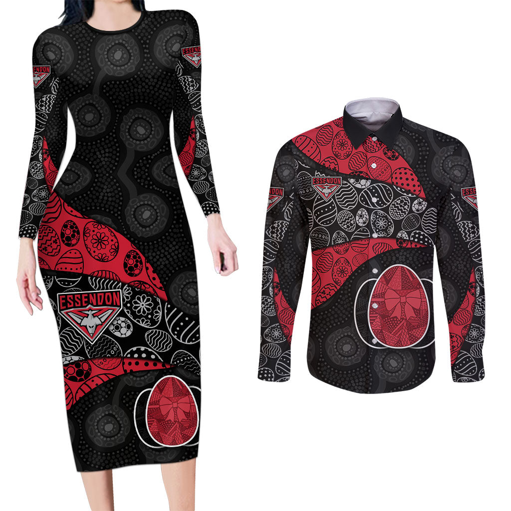 Personalized Essendon Football Couples Matching Long Sleeve Bodycon Dress and Long Sleeve Button Shirt Easter Egg Pattern Red Black Tribal Dot Art Style