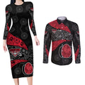 Personalized Essendon Football Couples Matching Long Sleeve Bodycon Dress and Long Sleeve Button Shirt Easter Egg Pattern Red Black Tribal Dot Art Style