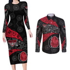 Personalized Essendon Football Couples Matching Long Sleeve Bodycon Dress and Long Sleeve Button Shirt Easter Egg Pattern Red Black Tribal Dot Art Style