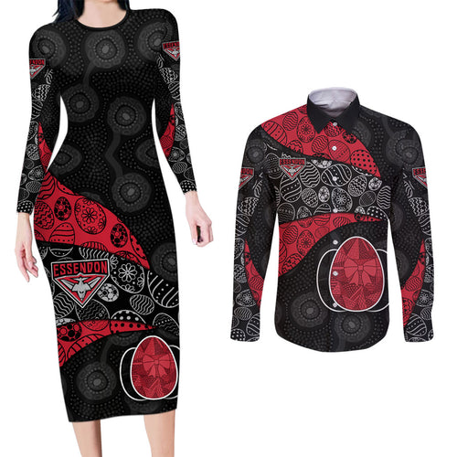 Personalized Essendon Football Couples Matching Long Sleeve Bodycon Dress and Long Sleeve Button Shirt Easter Egg Pattern Red Black Tribal Dot Art Style