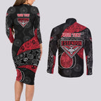Personalized Essendon Football Couples Matching Long Sleeve Bodycon Dress and Long Sleeve Button Shirt Easter Egg Pattern Red Black Tribal Dot Art Style