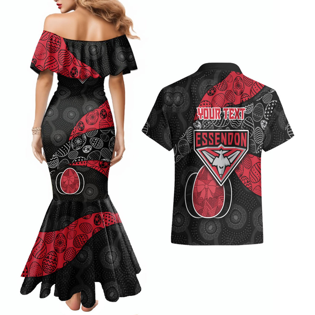 Personalized Essendon Football Couples Matching Mermaid Dress and Hawaiian Shirt Easter Egg Pattern Red Black Tribal Dot Art Style