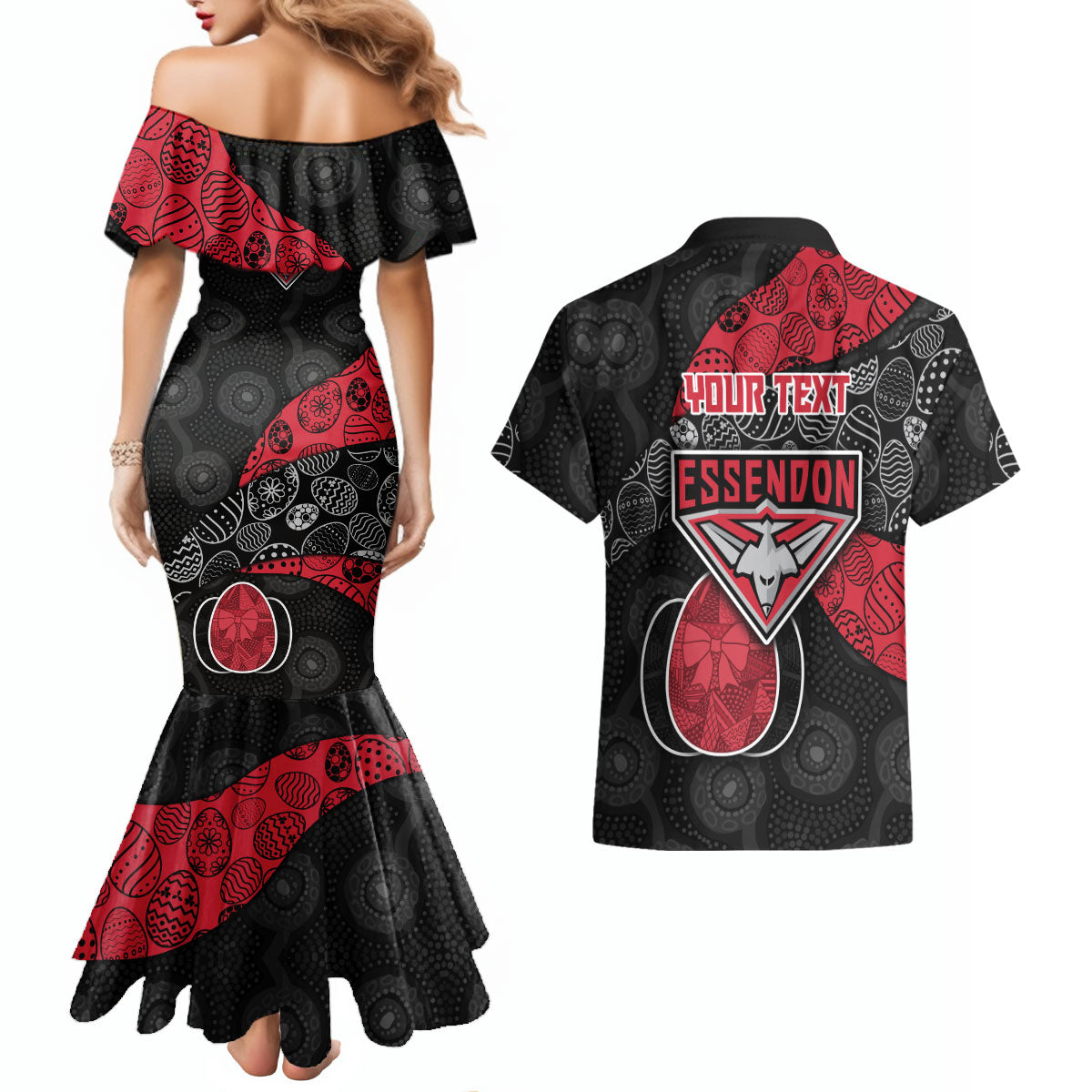 Personalized Essendon Football Couples Matching Mermaid Dress and Hawaiian Shirt Easter Egg Pattern Red Black Tribal Dot Art Style