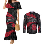 Personalized Essendon Football Couples Matching Mermaid Dress and Long Sleeve Button Shirt Easter Egg Pattern Red Black Tribal Dot Art Style