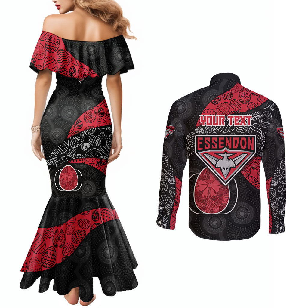 Personalized Essendon Football Couples Matching Mermaid Dress and Long Sleeve Button Shirt Easter Egg Pattern Red Black Tribal Dot Art Style