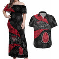 Personalized Essendon Football Couples Matching Off Shoulder Maxi Dress and Hawaiian Shirt Easter Egg Pattern Red Black Tribal Dot Art Style