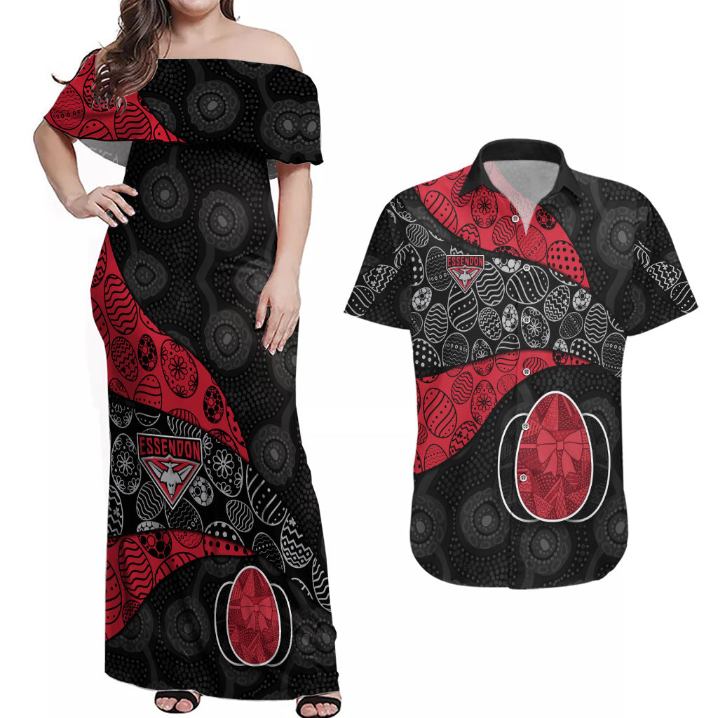 Personalized Essendon Football Couples Matching Off Shoulder Maxi Dress and Hawaiian Shirt Easter Egg Pattern Red Black Tribal Dot Art Style
