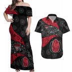 Personalized Essendon Football Couples Matching Off Shoulder Maxi Dress and Hawaiian Shirt Easter Egg Pattern Red Black Tribal Dot Art Style