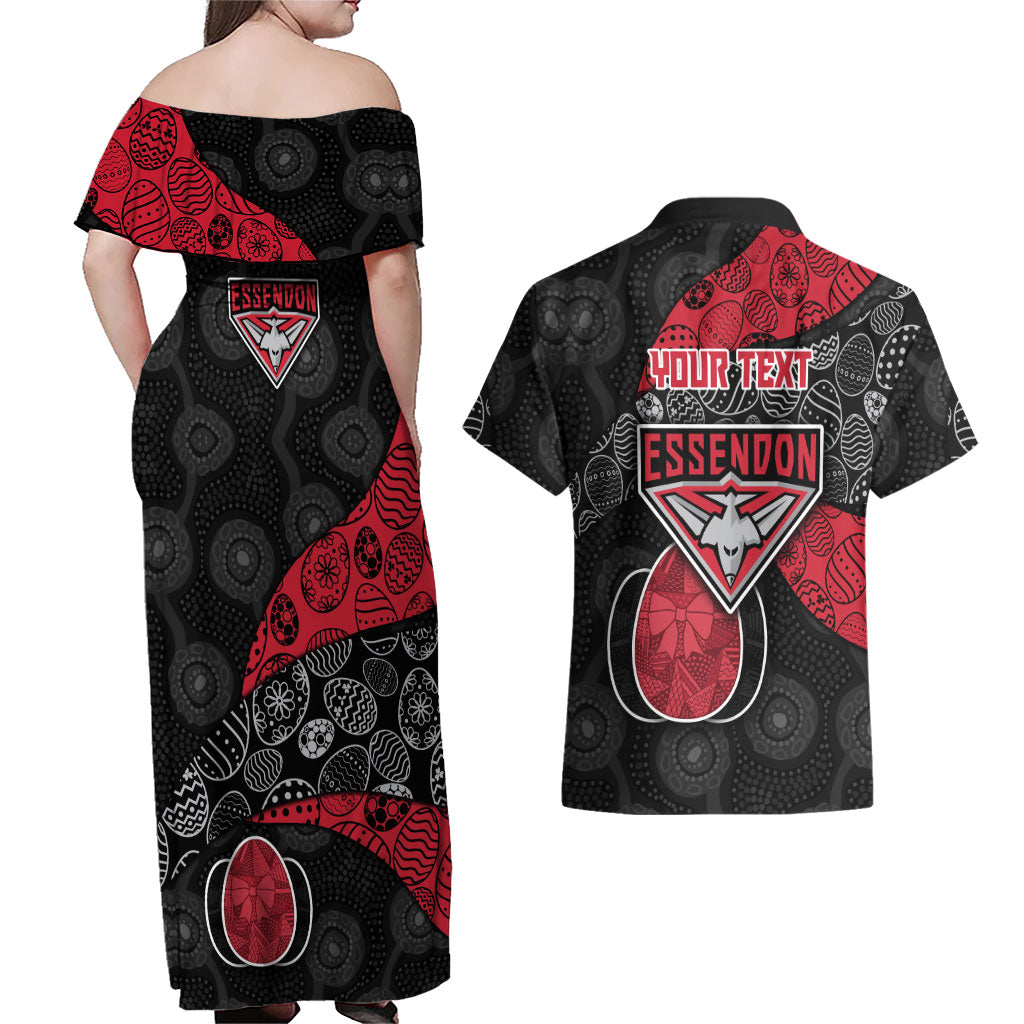 Personalized Essendon Football Couples Matching Off Shoulder Maxi Dress and Hawaiian Shirt Easter Egg Pattern Red Black Tribal Dot Art Style