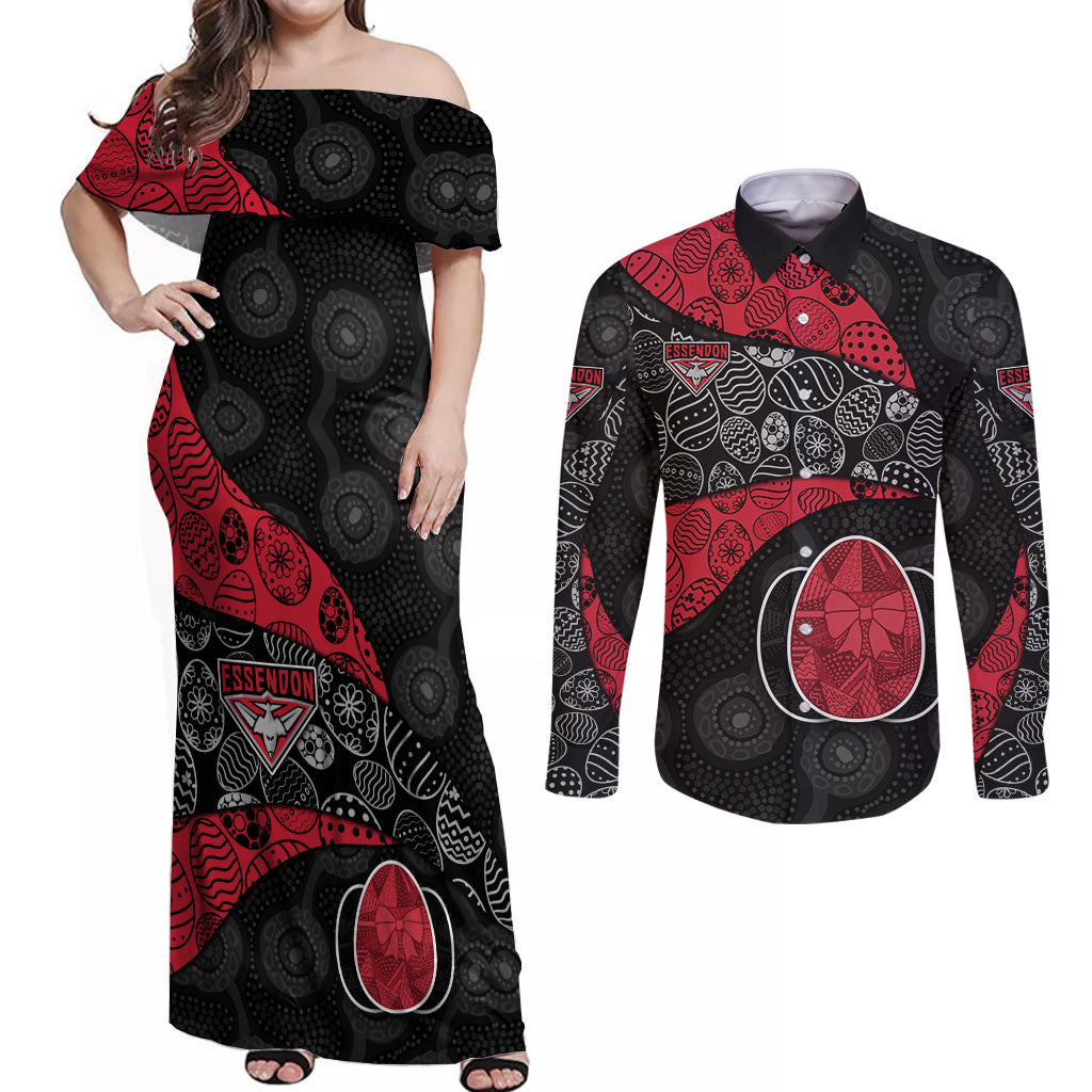 Personalized Essendon Football Couples Matching Off Shoulder Maxi Dress and Long Sleeve Button Shirt Easter Egg Pattern Red Black Tribal Dot Art Style