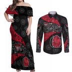 Personalized Essendon Football Couples Matching Off Shoulder Maxi Dress and Long Sleeve Button Shirt Easter Egg Pattern Red Black Tribal Dot Art Style