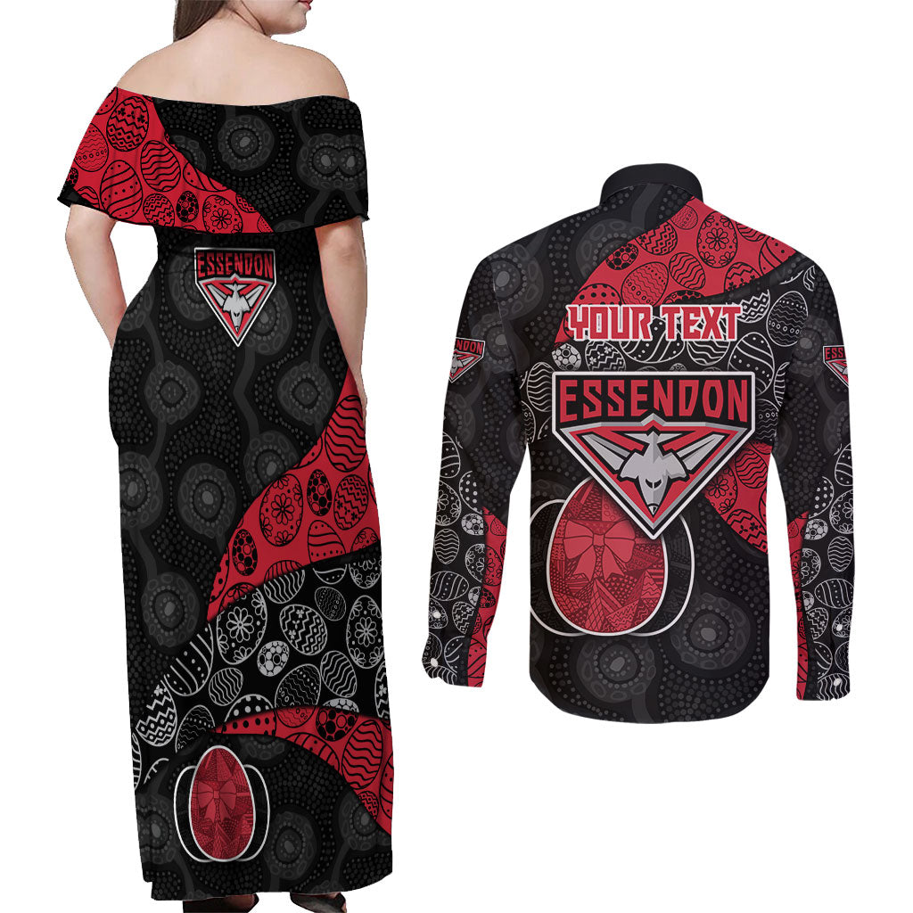 Personalized Essendon Football Couples Matching Off Shoulder Maxi Dress and Long Sleeve Button Shirt Easter Egg Pattern Red Black Tribal Dot Art Style