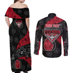 Personalized Essendon Football Couples Matching Off Shoulder Maxi Dress and Long Sleeve Button Shirt Easter Egg Pattern Red Black Tribal Dot Art Style