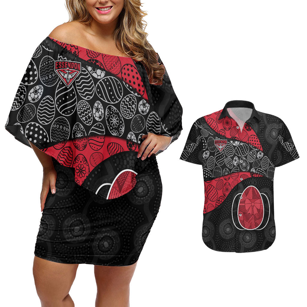 Personalized Essendon Football Couples Matching Off Shoulder Short Dress and Hawaiian Shirt Easter Egg Pattern Red Black Tribal Dot Art Style
