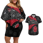 Personalized Essendon Football Couples Matching Off Shoulder Short Dress and Hawaiian Shirt Easter Egg Pattern Red Black Tribal Dot Art Style
