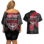 Personalized Essendon Football Couples Matching Off Shoulder Short Dress and Hawaiian Shirt Easter Egg Pattern Red Black Tribal Dot Art Style